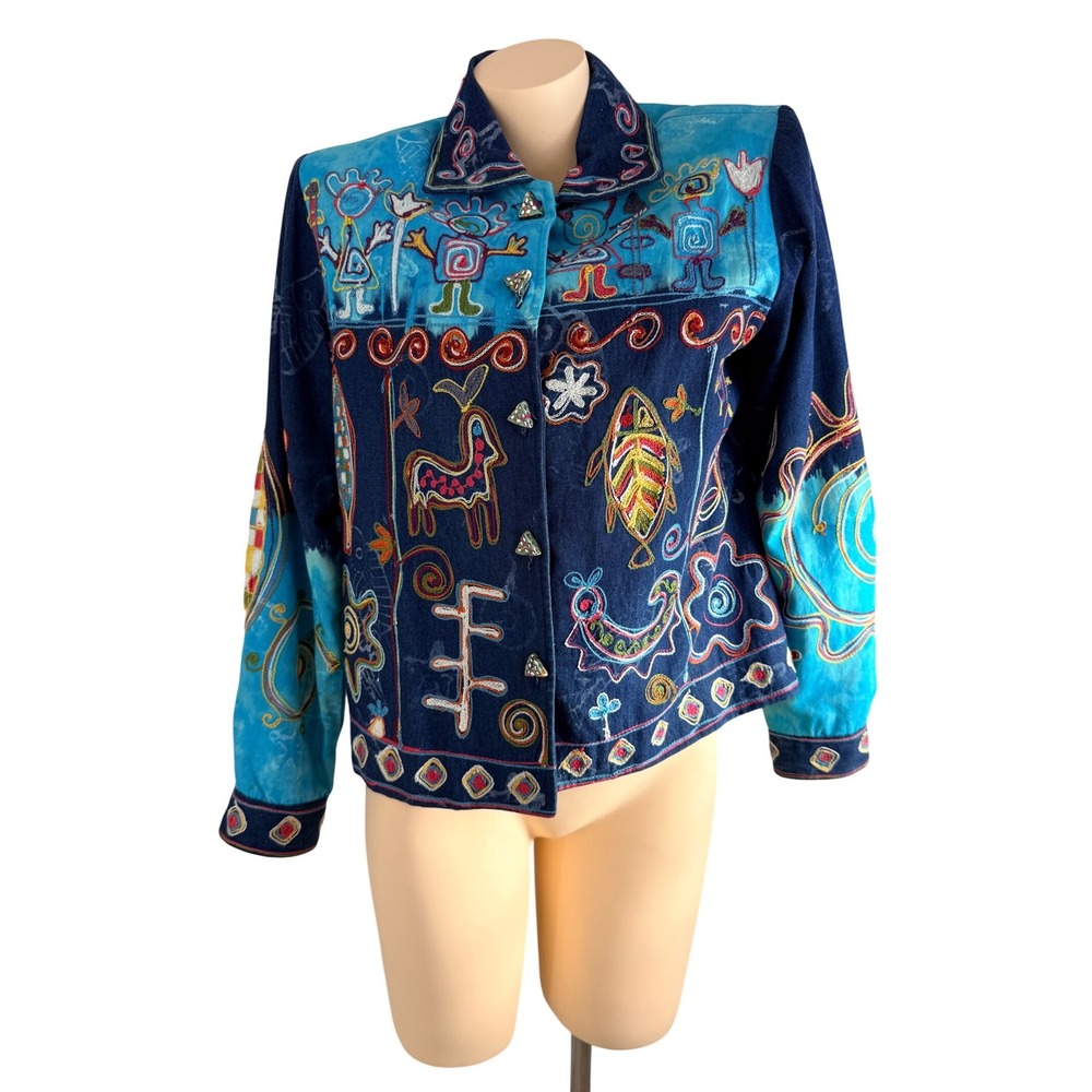 Art to Wear Boho Sandy Starkman Embroidered Denim Jacket Blue Multicolor Medium